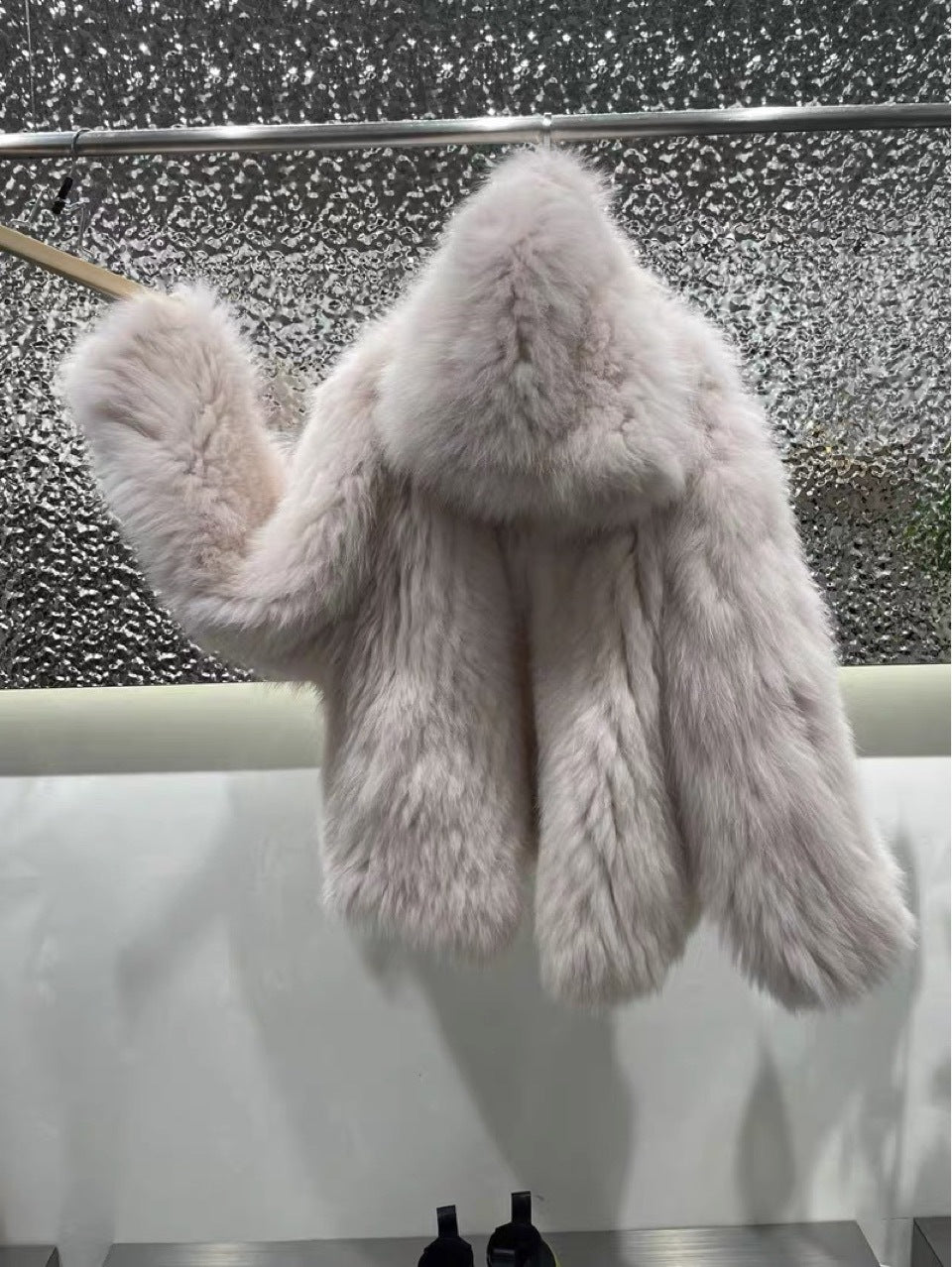 Double-woven fox fur hooded bear mid-length fur coat