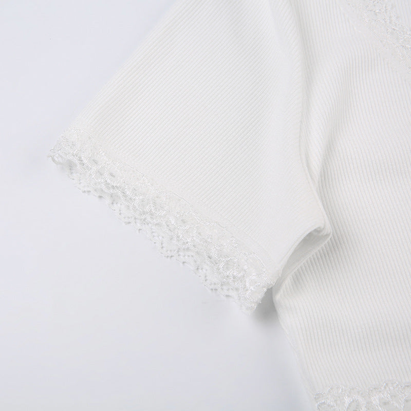 V-neck lace stitching bow short T-shirt