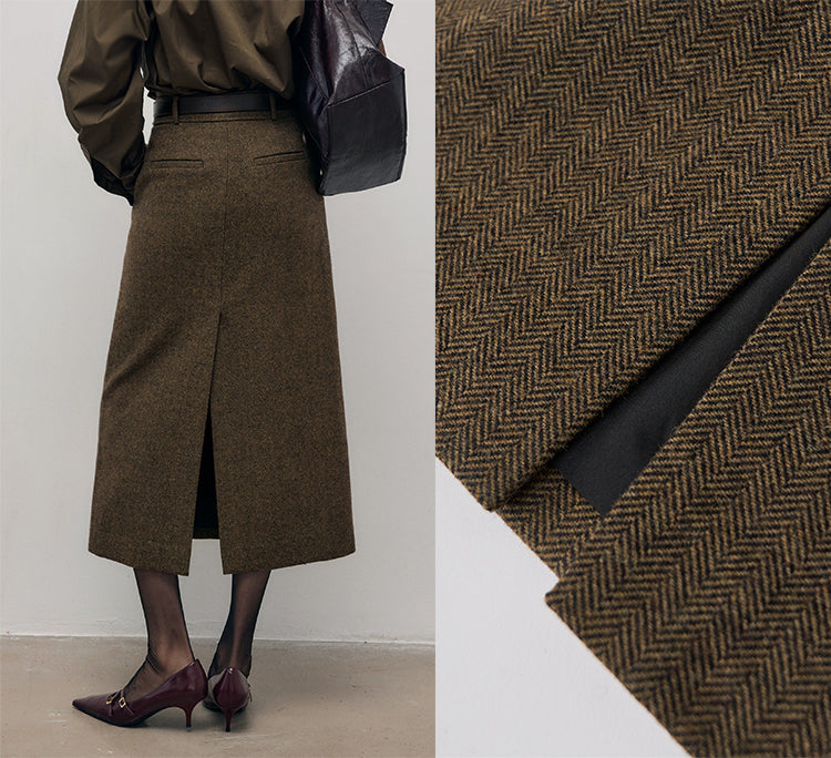 Retro floral brown herringbone wool skirt shows high-profile silhouette