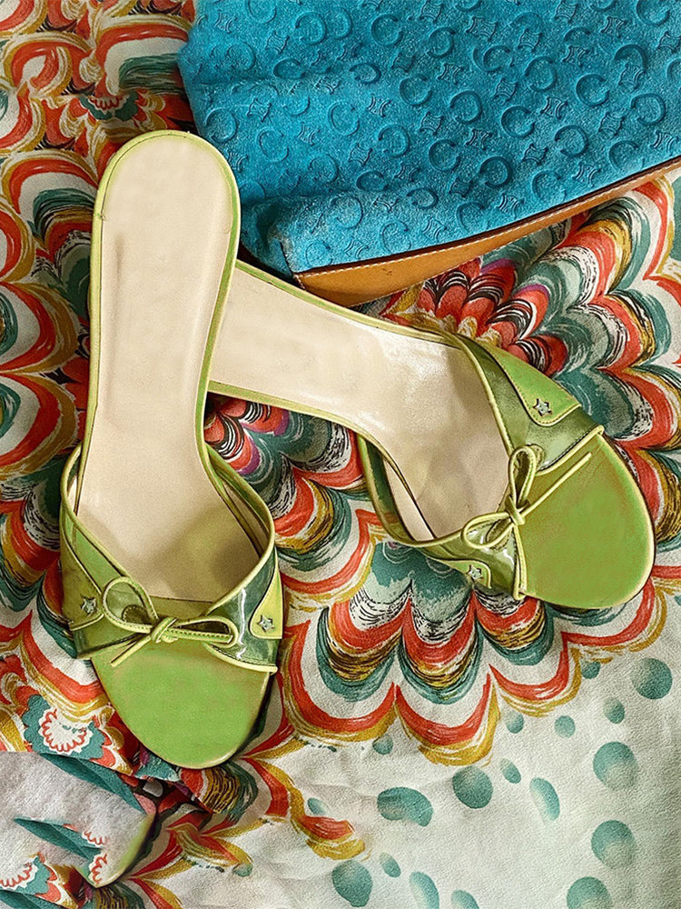Medieval sandals olive green elegant stiletto bow high heel sandals
