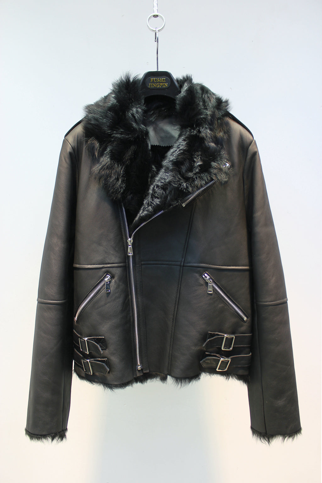 Soft small lake sheep fur all-in-one slim and stylish motorcycle jacket