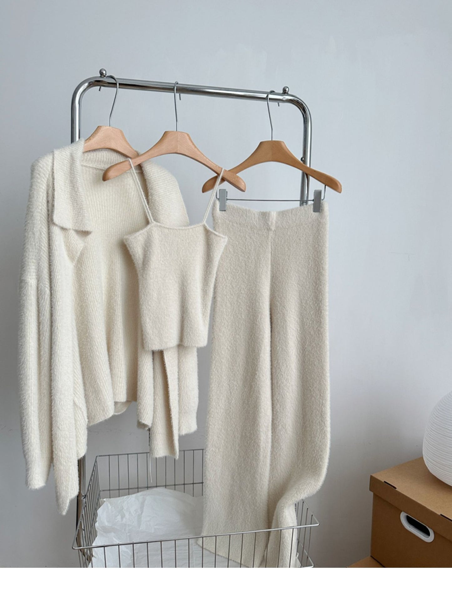 Faux Mink Jacket Vest Wide-Leg Pants Knitted Three-Piece Set