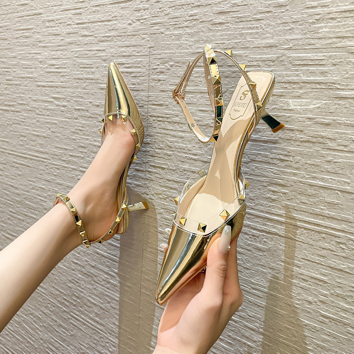 Studded stiletto elegant pointed toe transparent French patent leather high heels