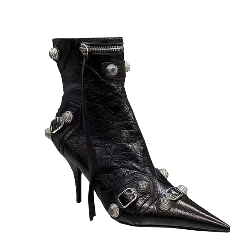 Metal studded tassel slim biker boots