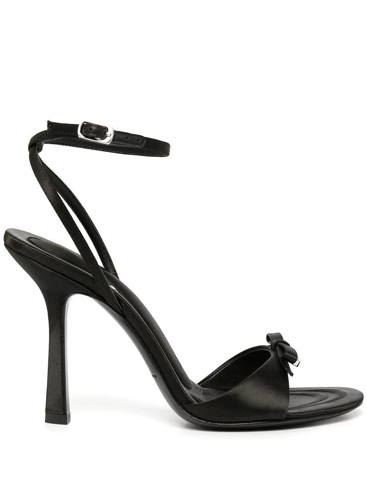 Silk satin drop-toe stiletto pumps with bow and rhinestone letters