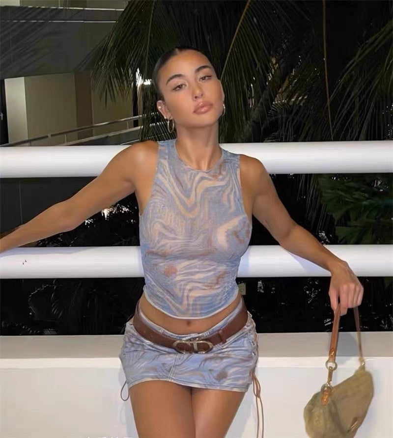 Hot Girl Pure Desire Blue Marble Stripe Print Top