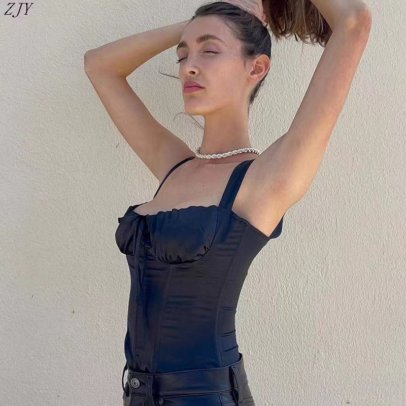 European and American black satin pleated fishbone slim-fitting high-end top