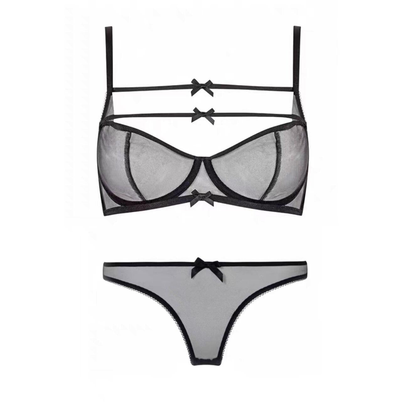 French mesh see-through ultra-thin cup bow bra