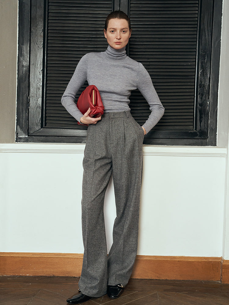 Herringbone pattern Australian wool trousers baggy wide leg trousers