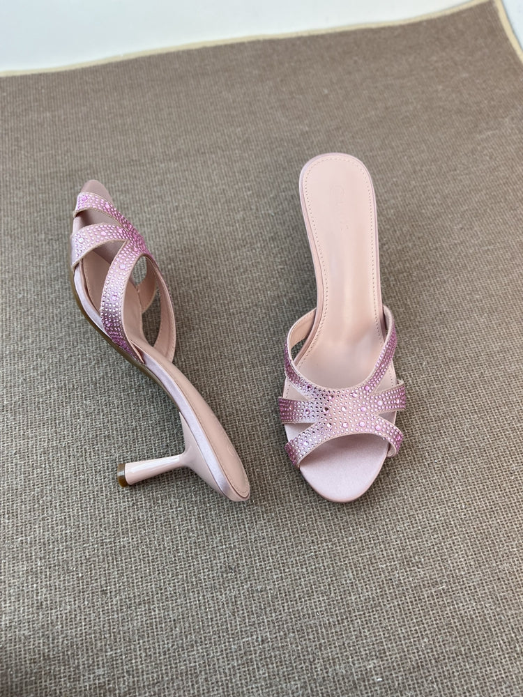 Sequined round toe stiletto sandals and high heels