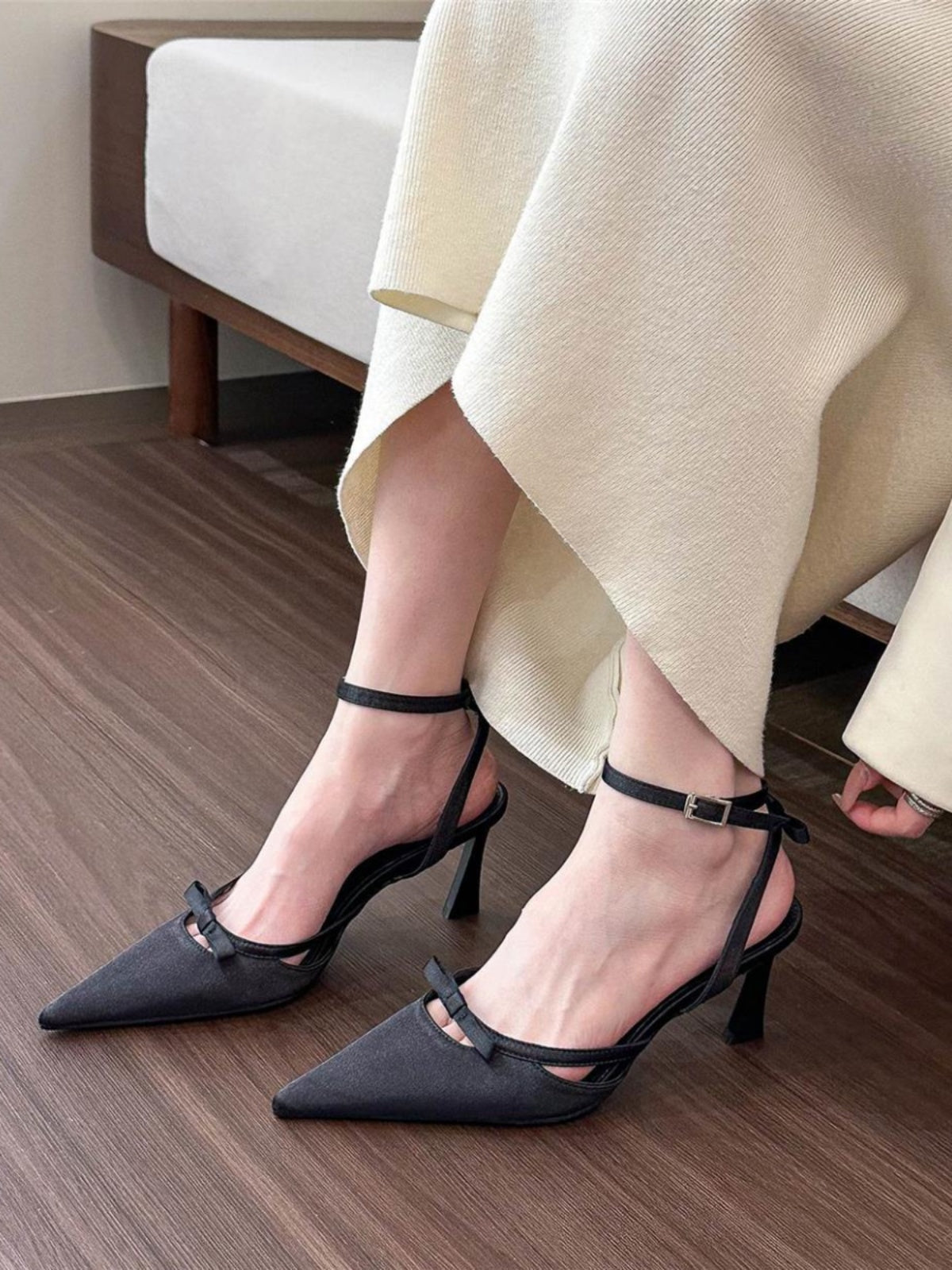 Pointed toe bow buckle strap stiletto high heel sandals