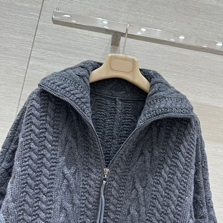 Lapel Double Pocket Crochet Cashmere Jacket