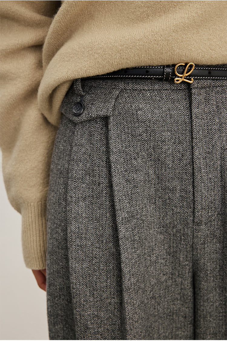 Herringbone pattern Australian wool trousers baggy wide leg trousers