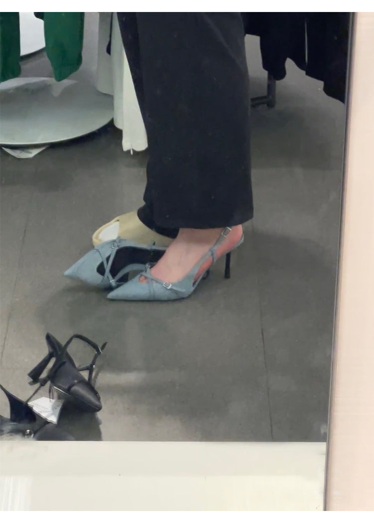 Blue temperament French pointed toe high-heeled mules