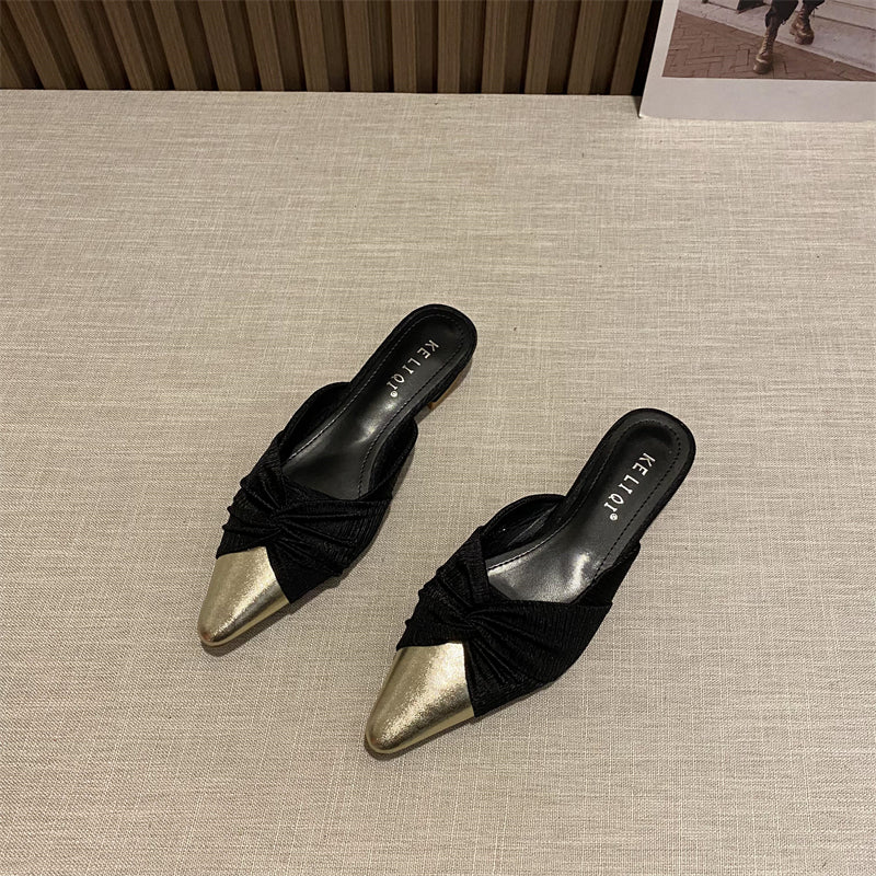 Retro fragrant pleated lady style color block low heel slippers