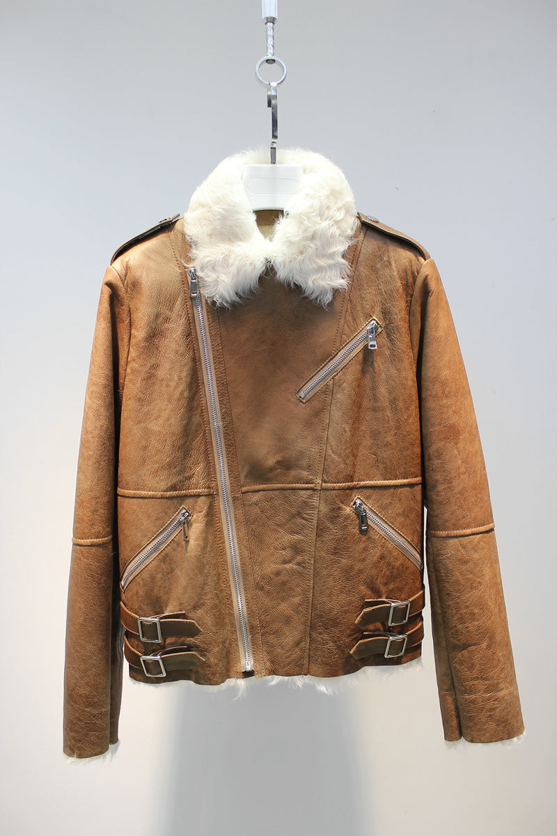 Soft small lake sheep fur all-in-one slim and stylish motorcycle jacket