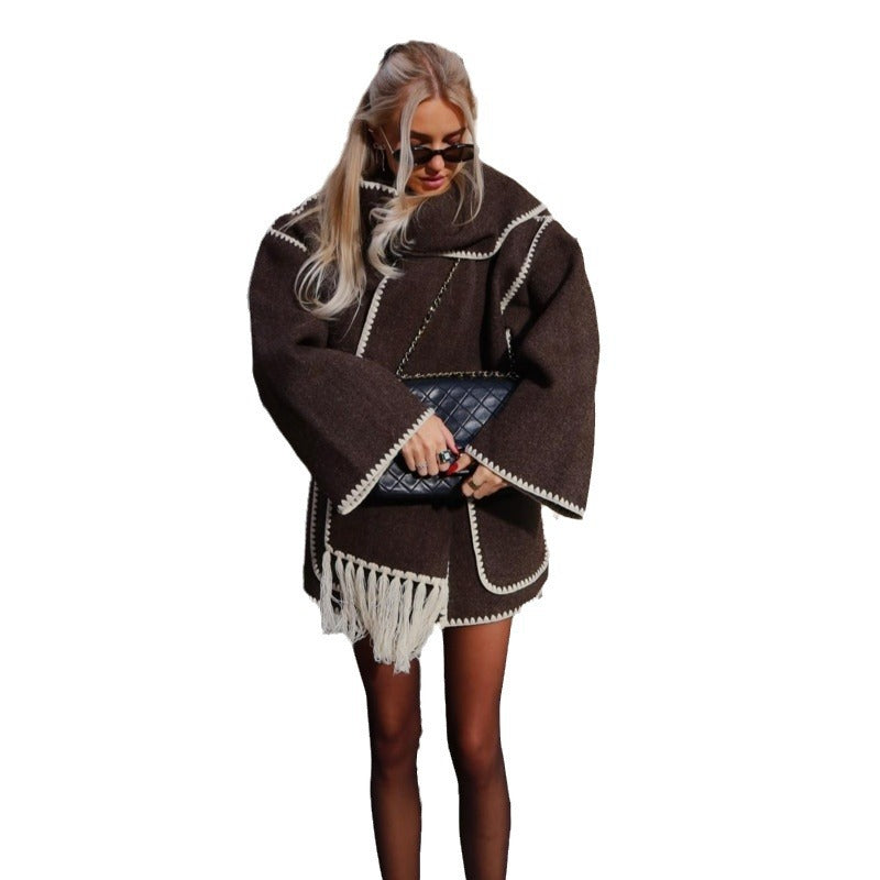 Wool coat with heather embroidered scarf