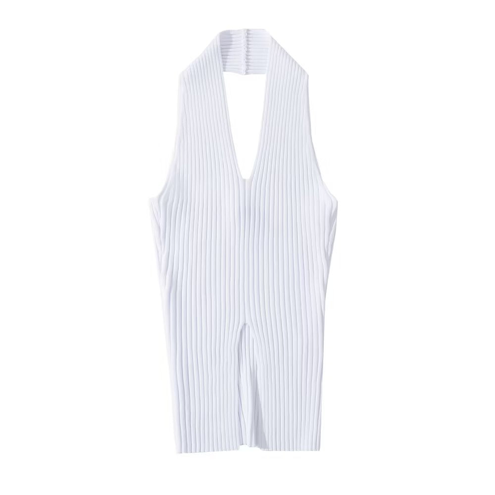 V-neck halter neck slit knit vest top