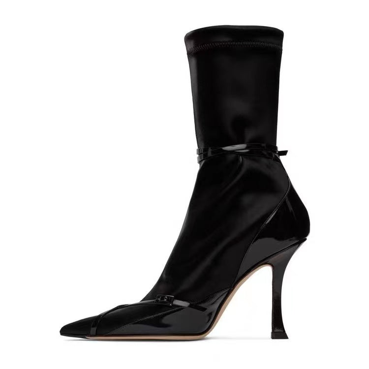 Women's mid-calf elastic boots with pointed toe high heel socks