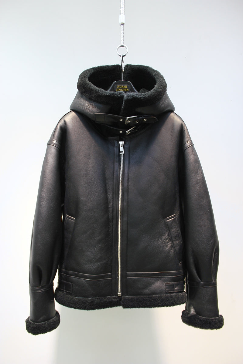 Lmported sheepskin one-piece Korean style hooded flight suit jacket