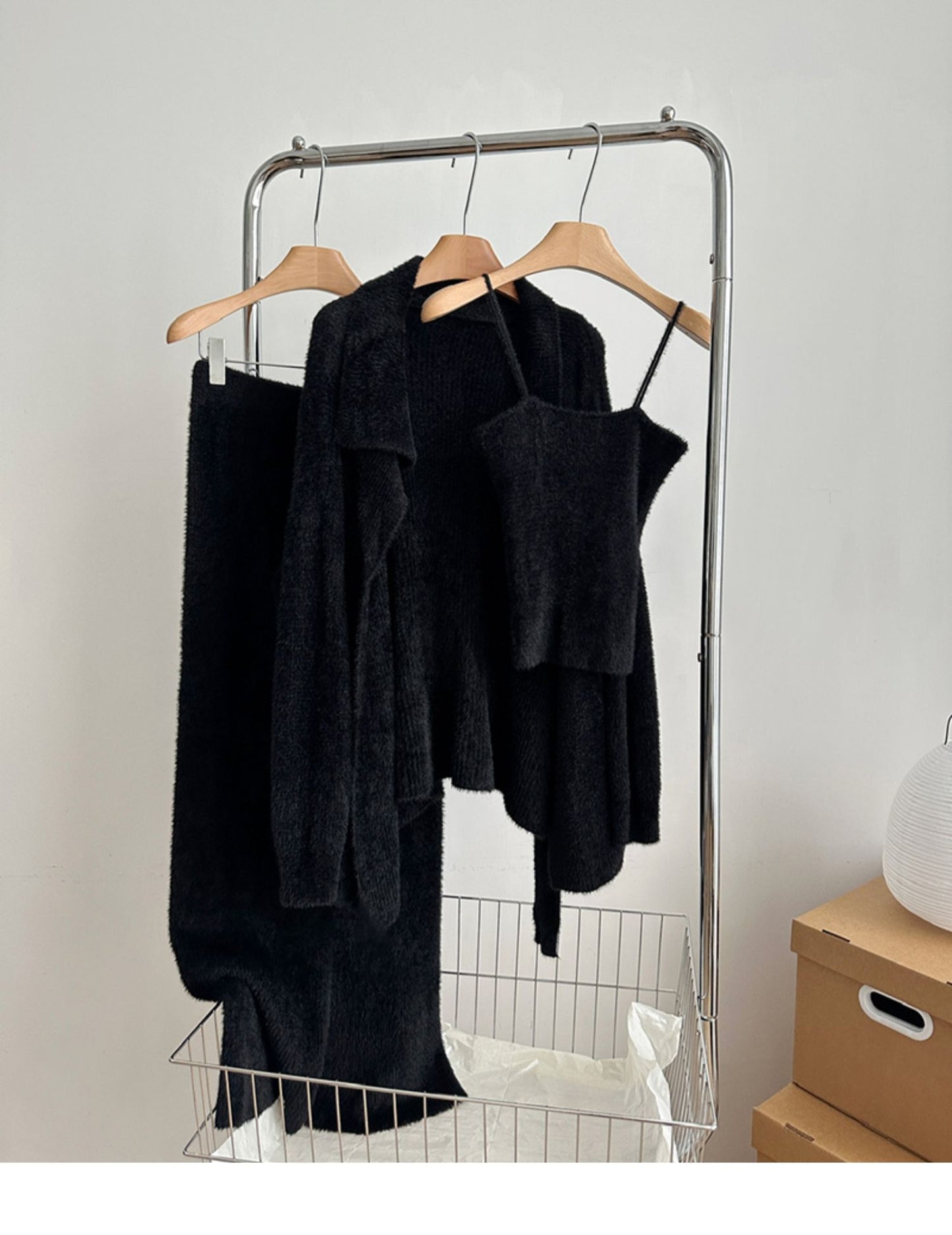 Faux Mink Jacket Vest Wide-Leg Pants Knitted Three-Piece Set
