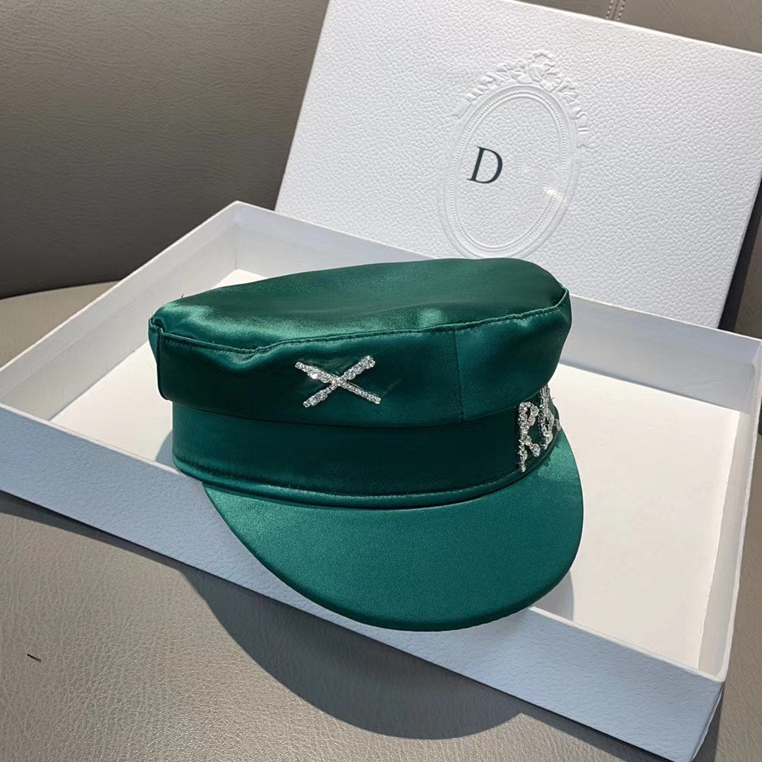 Green rhinestone flat hat