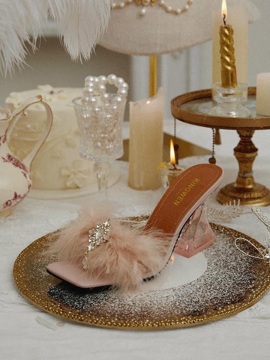 Rhinestone fur high heels slippers sandals