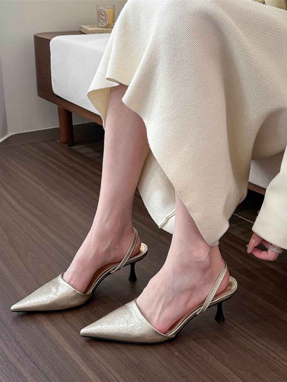 Golden pointed toe shallow back high heels