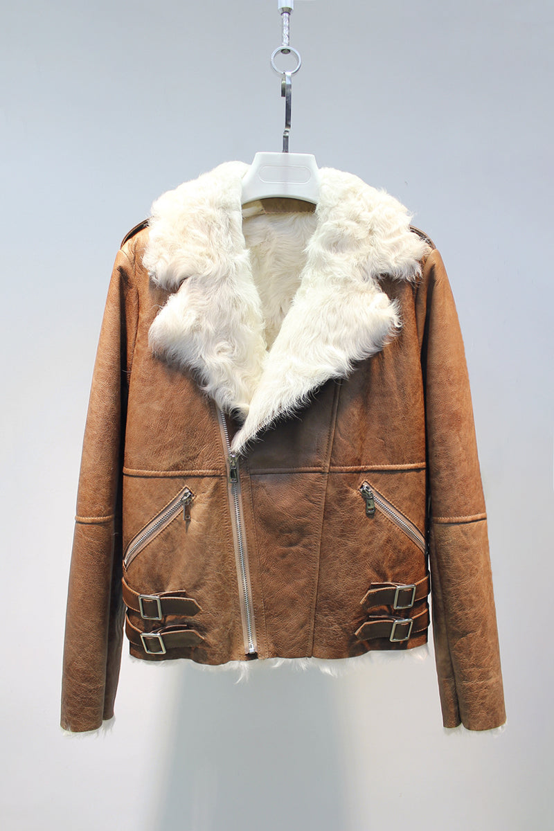 Soft small lake sheep fur all-in-one slim and stylish motorcycle jacket
