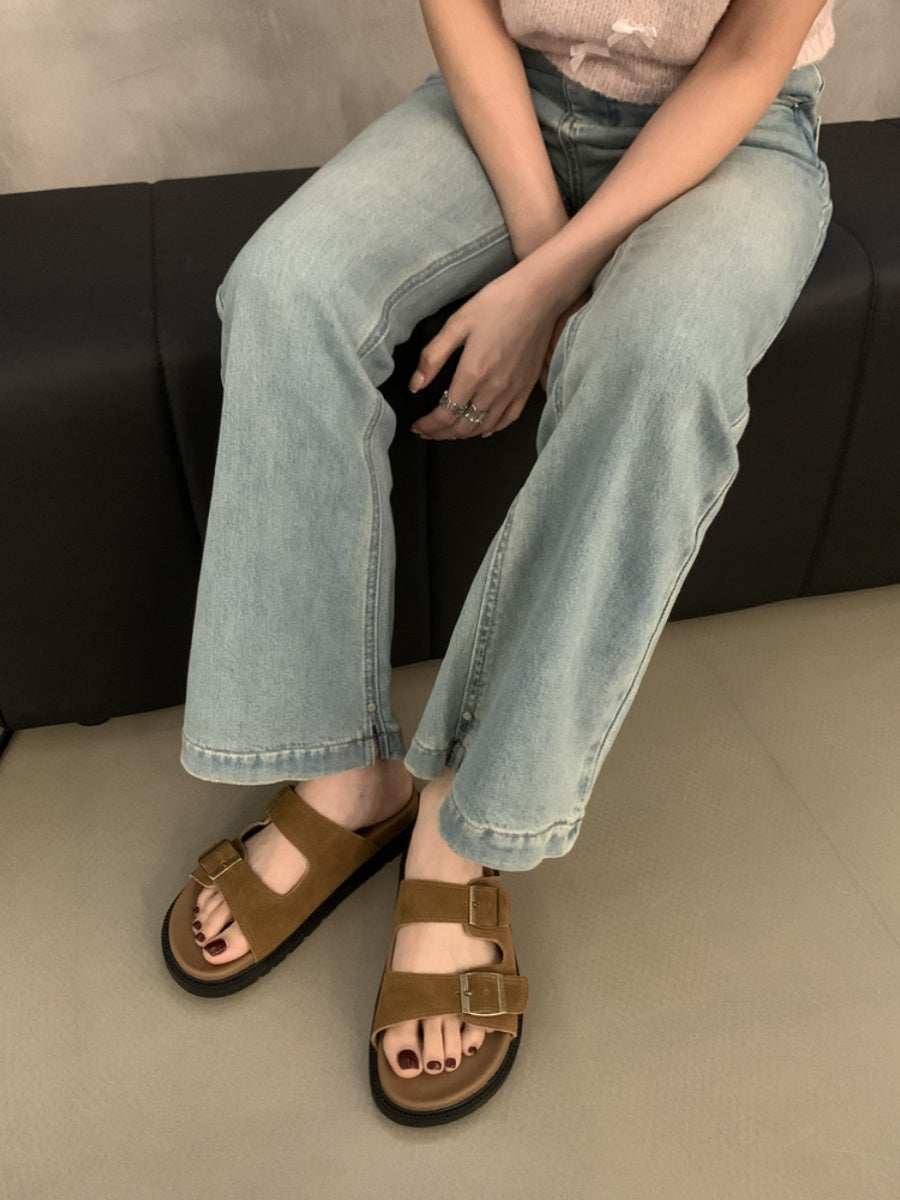 Wearing vintage Birkenstock flat sandals