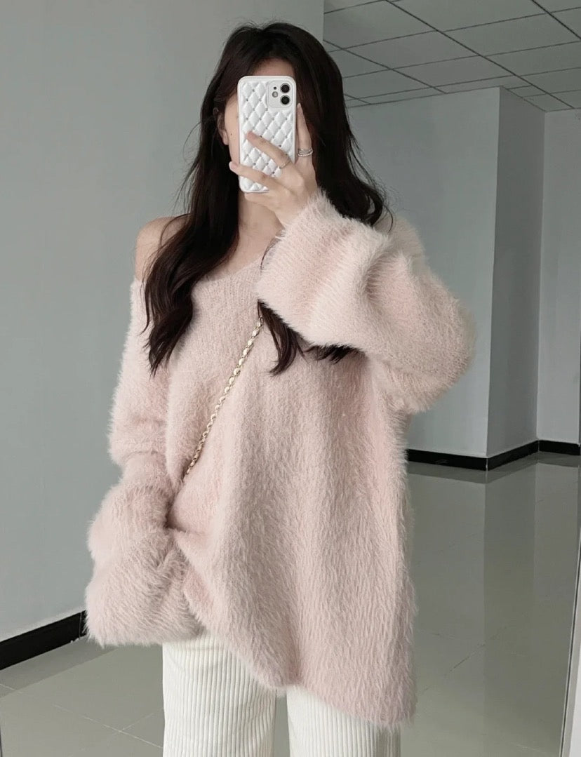 V-neck mink velvet sweater lazy loose pullover top