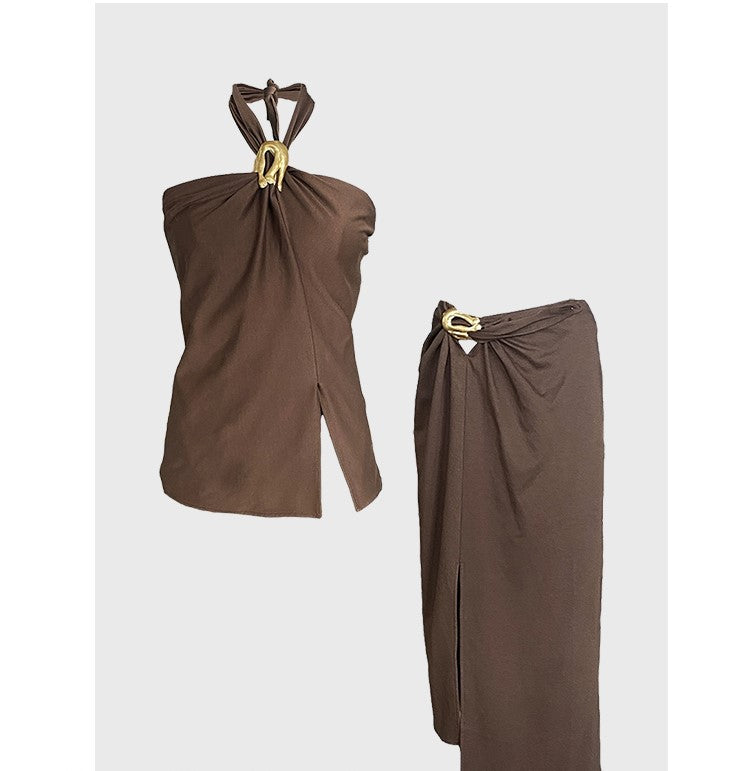 French halter neck suit dress for ladies, retro two-piece suit
