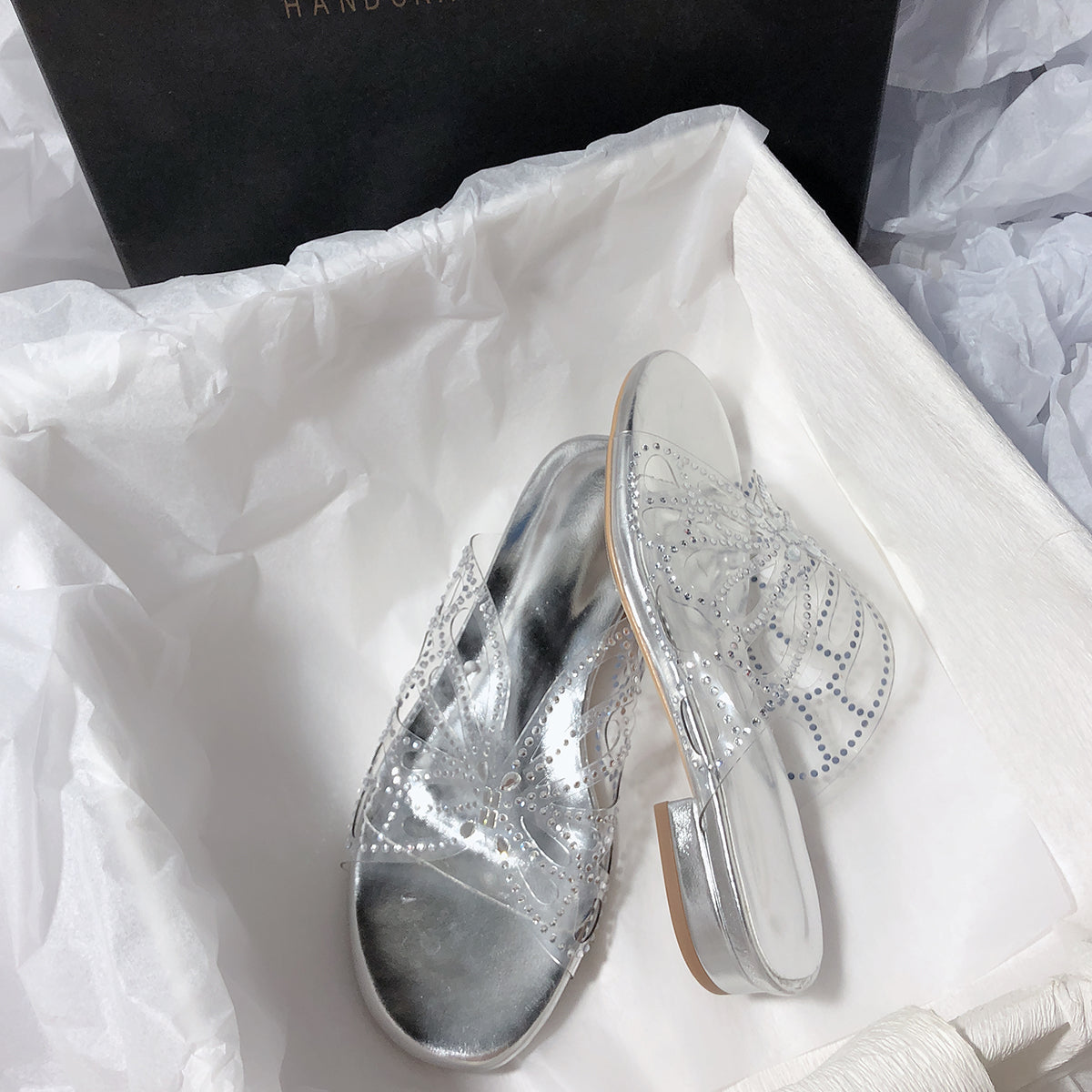 Super Fairy Rhinestone Transparent Butterfly PVC Low Heel Slippers for Women