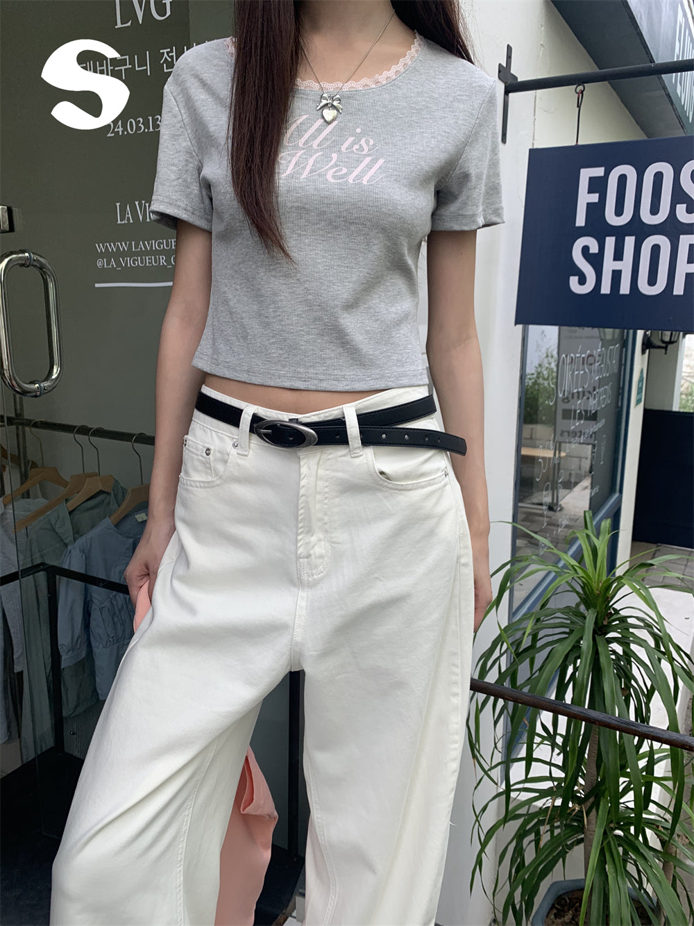 High-waisted hip-covering slimming casual white wide-leg jeans