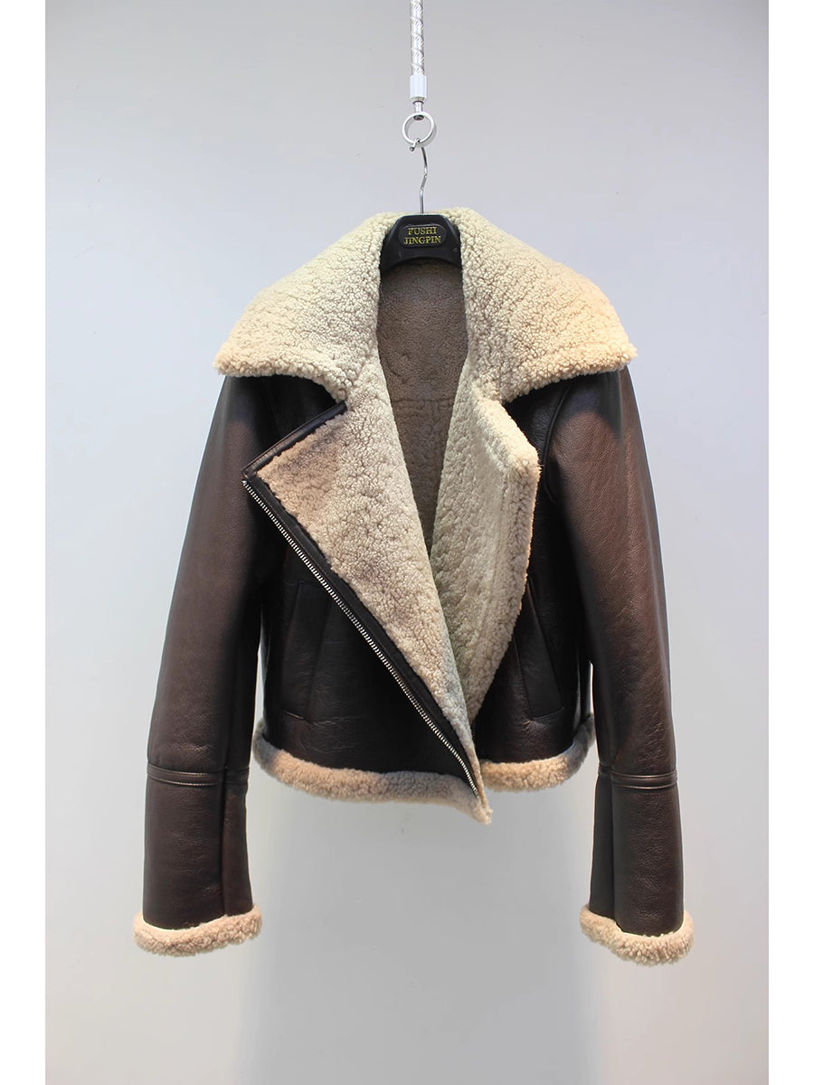 Original imported sheepskin all-in-one motorcycle short jacket
