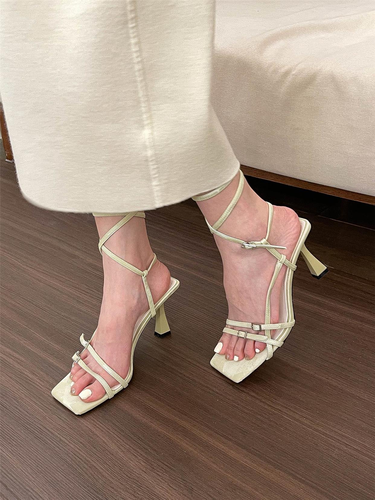 Strappy square toe open toe pumps