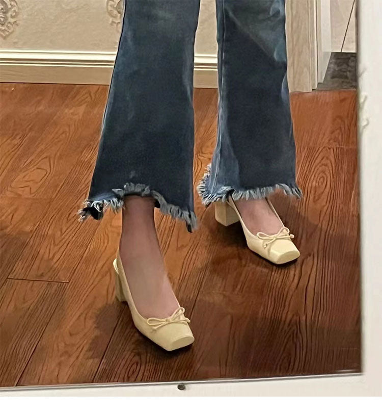 Fairy style square toe thick heel cap toe sandals