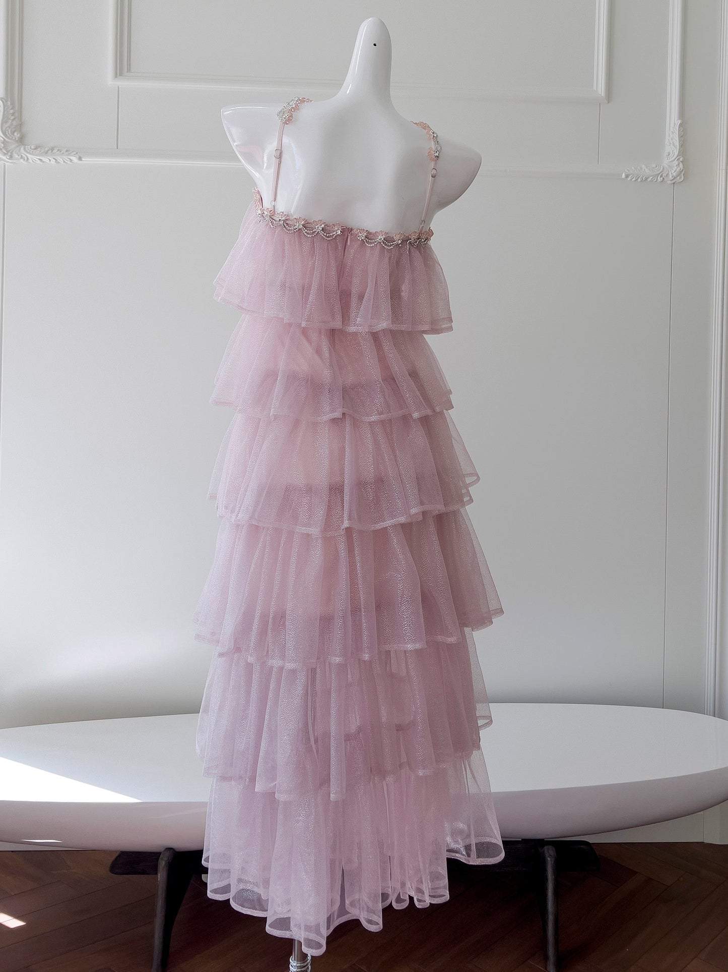 Pink Mesh Gold Stamping Suspender Cake Skirt Birthday Party Dress