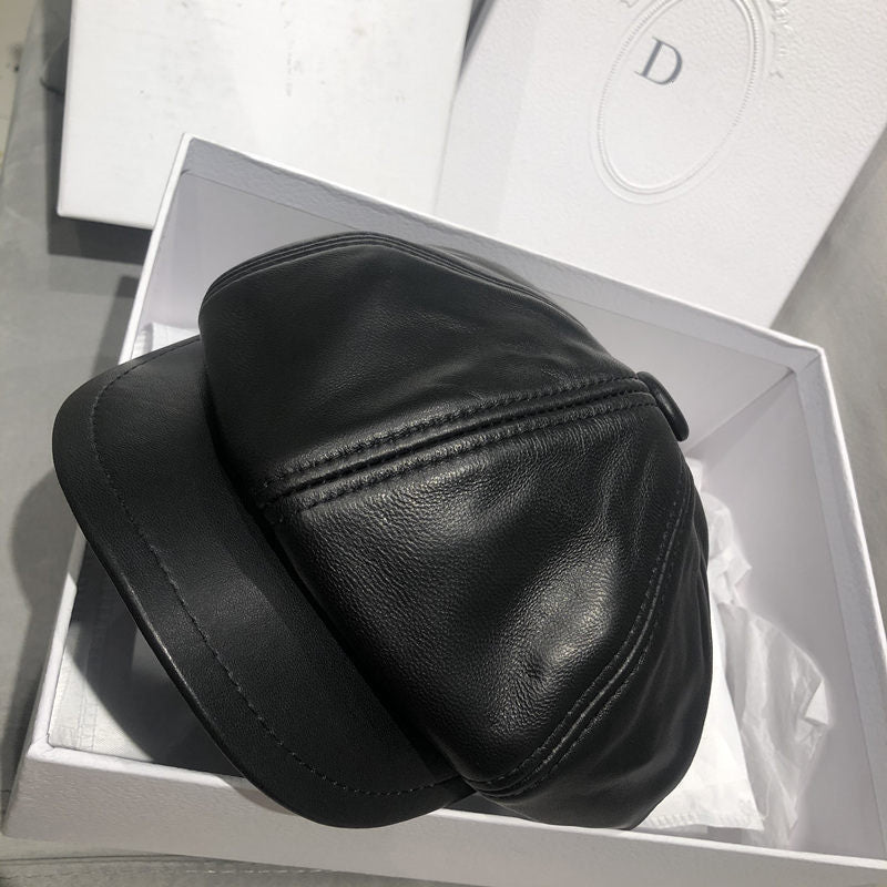 Genuine leather women's British vintage lambskin octagonal beret