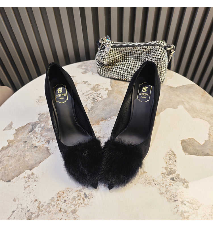 Genuine leather thin-heeled pumps