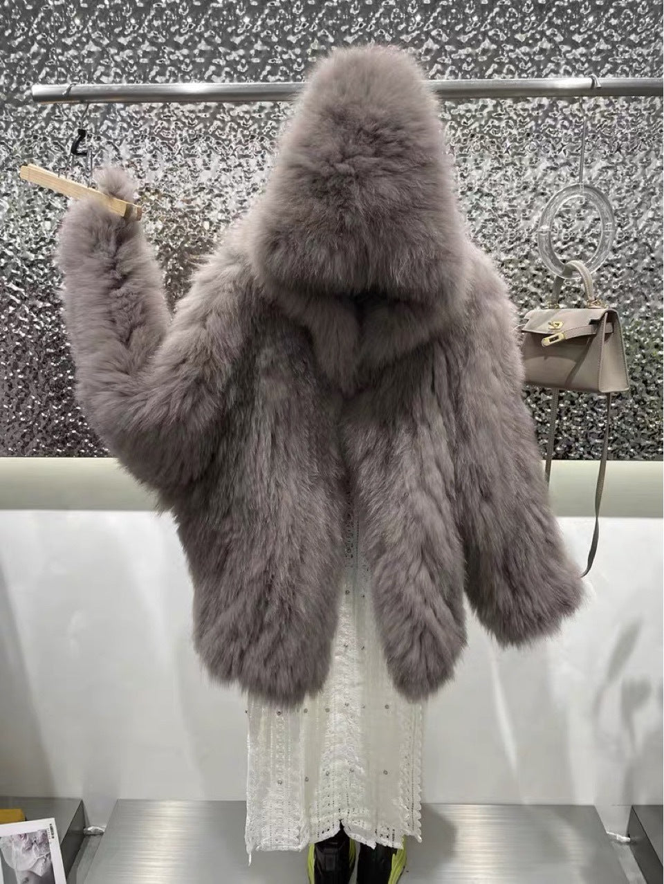 Double-woven fox fur hooded bear mid-length fur coat