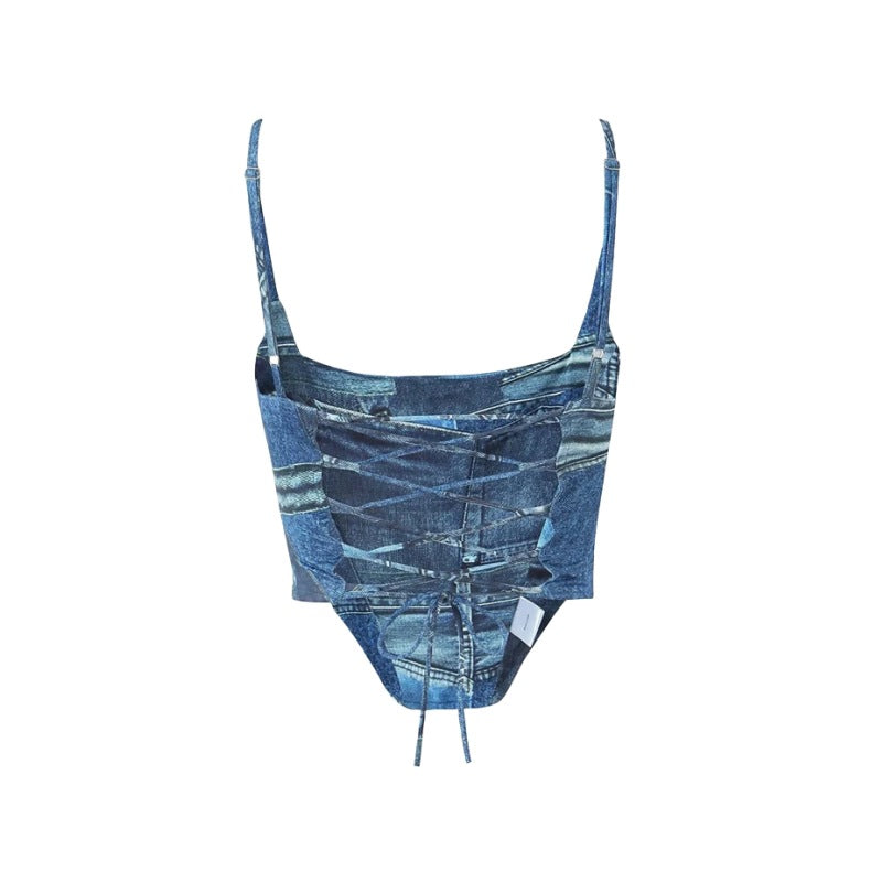 American retro tie-dye denim print fishbone suspender belt