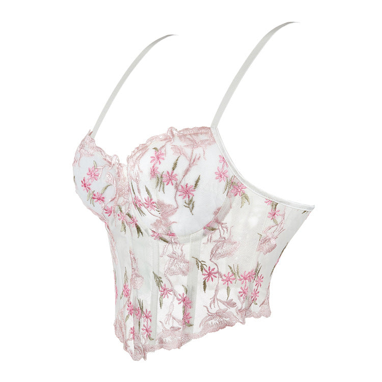 Embroidered flower mesh fishbone camisole