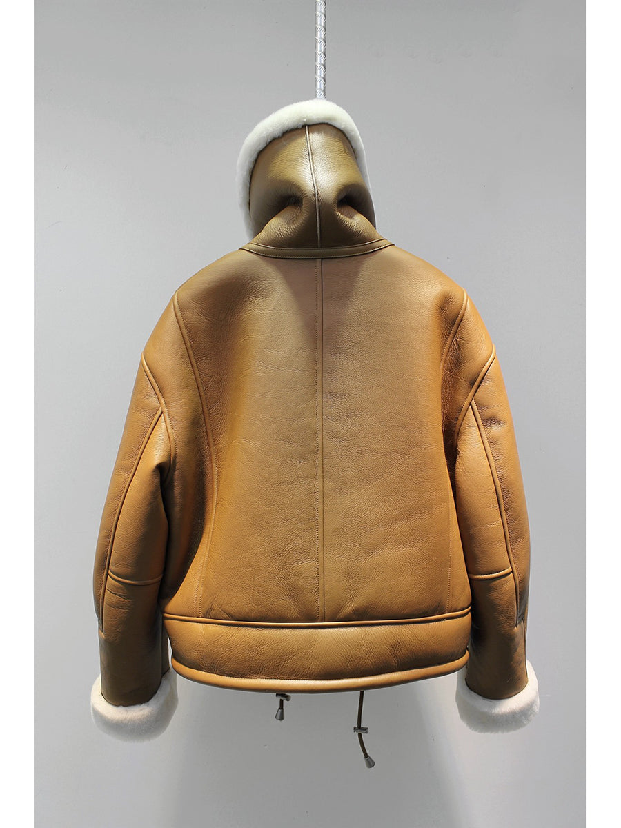 Lmported sheepskin one-piece large lapel motorcycle jacket lambswool coat