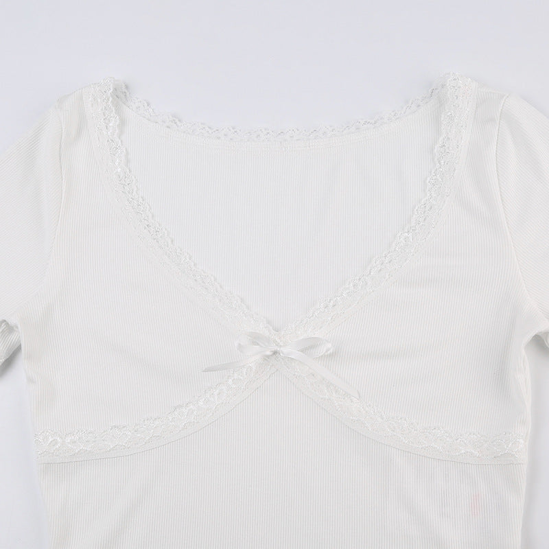 V-neck lace stitching bow short T-shirt