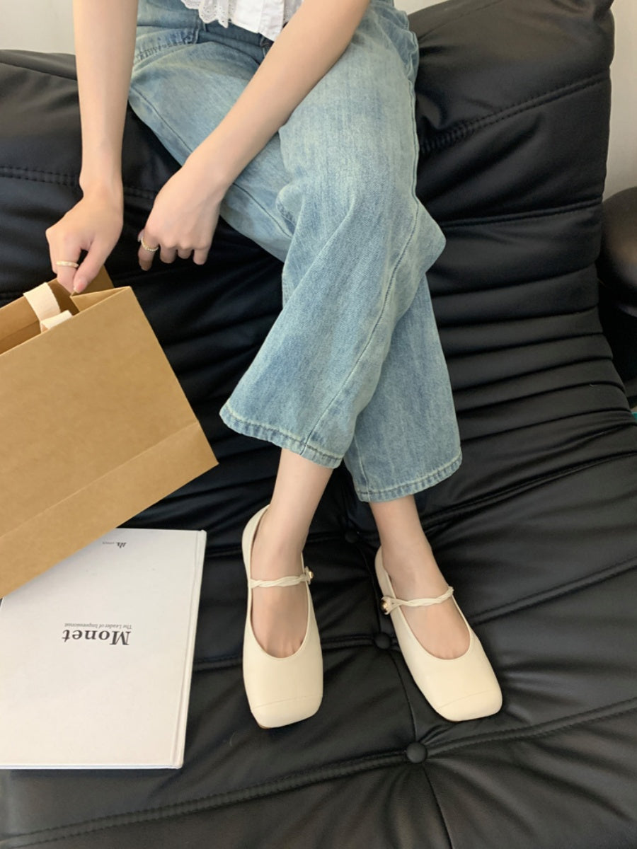 French square toe flat buckle Mary Jane shoes