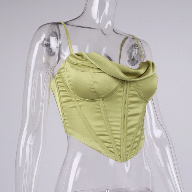 Satin herringbone corset top with pleated design