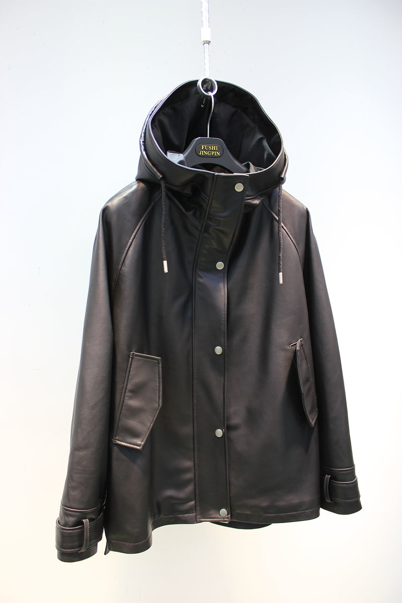 Loose and stylish hooded sheepskin leather jacket