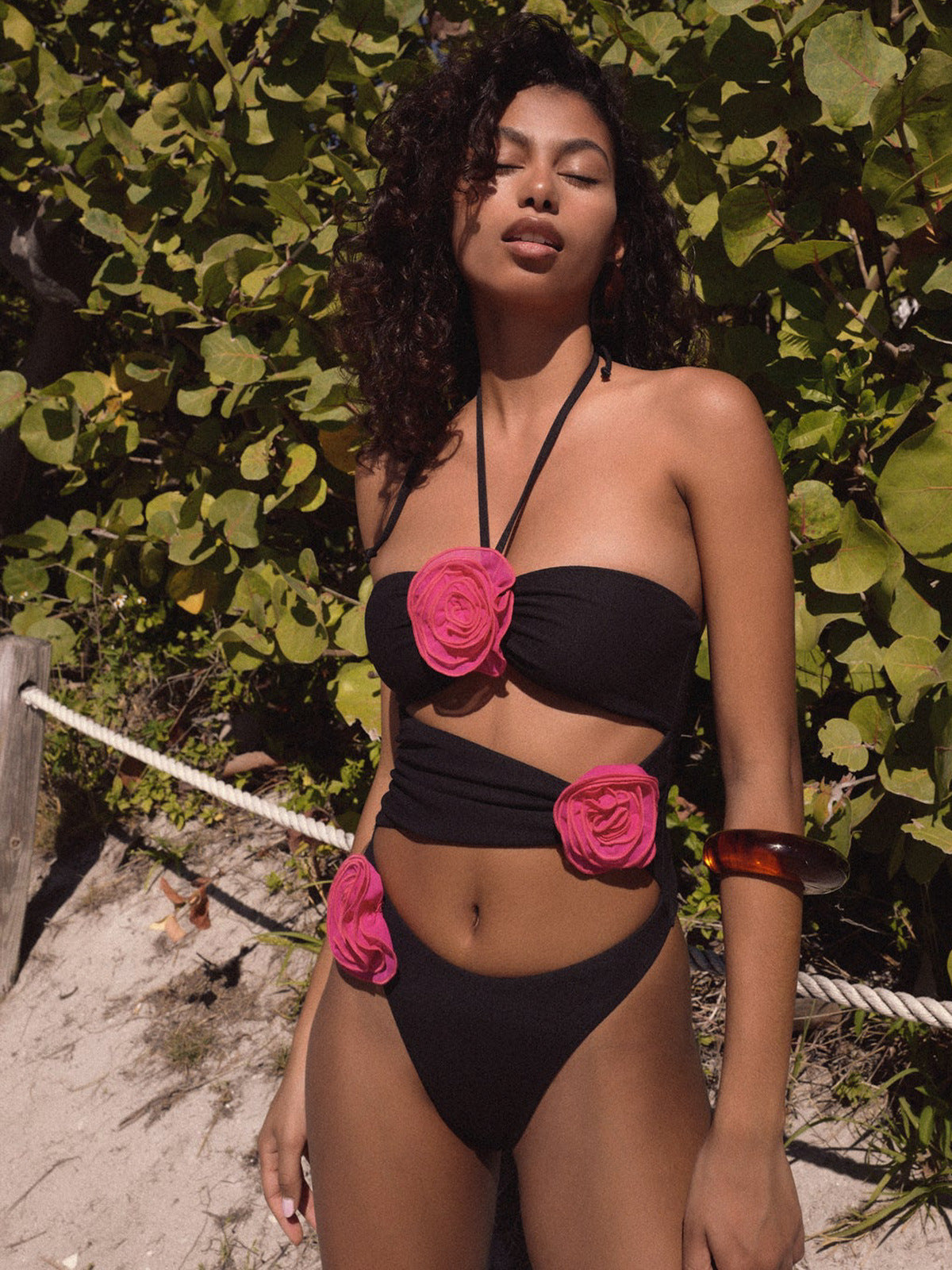 3D three-dimensional flower mesh halterneck sexy hot spring all-in-one bikini swimsuit