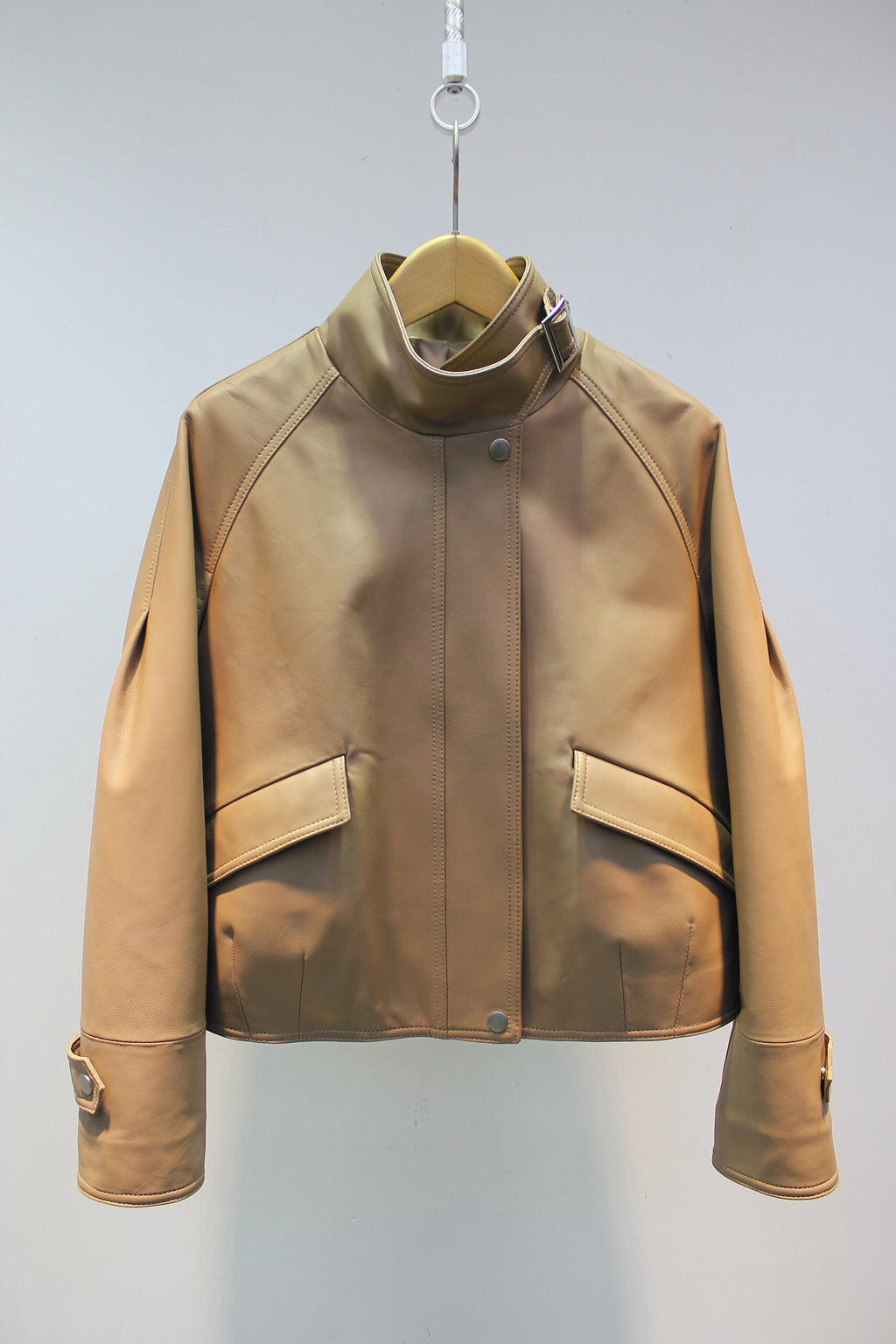Sheepskin leather jacket with stand collar
